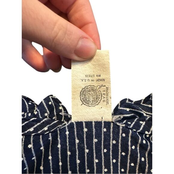 Vintage 60s Navy Polka Dot Dress Ruffle Trim Floral Hem Union Made Cottagecore - Picture 8 of 11